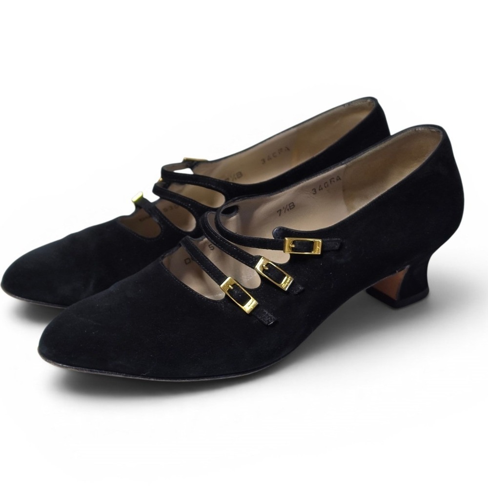 Salvatore Ferragamo Lietta Black Suede Triple Strap Mary Jane Kitten Heels 7.5B